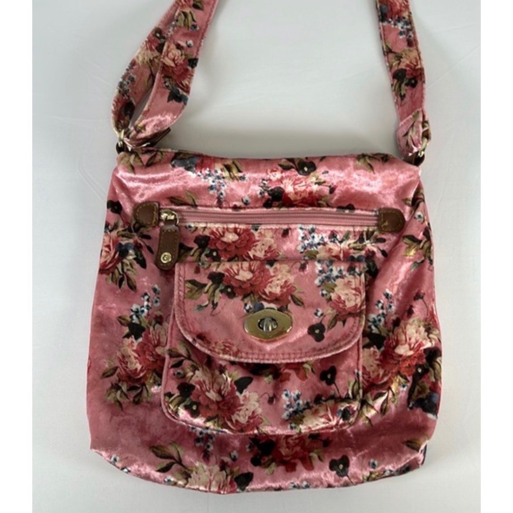 Pink‎ Velour Crossbody Adjustable Strap Bag Zip Closure Flowers Roses NWOT